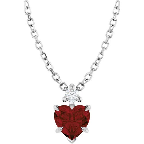 14k White Gold Garnet Heart and Diamond Necklace