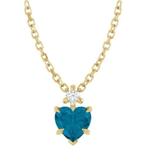 14k Yellow Gold Blue Topaz Heart and Diamond Necklace