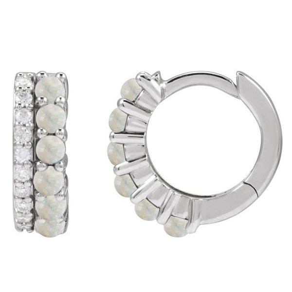 14k White Gold Australian White Opal and 1/8 ct tw Diamond Huggie Hoop Earrings