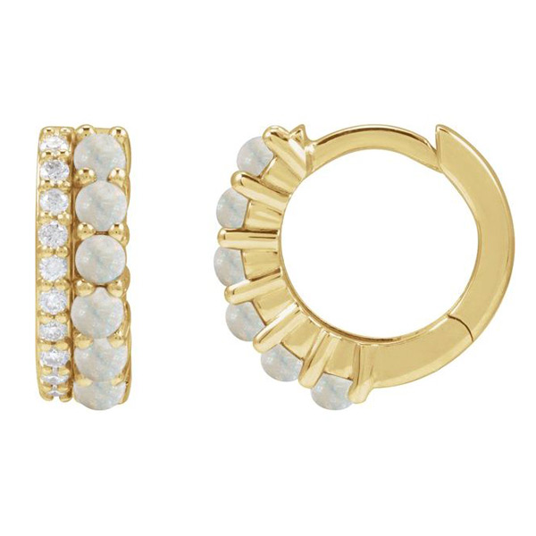 14k Yellow Gold Australian White Opal and 1/8 ct tw Diamond Huggie Hoop Earrings