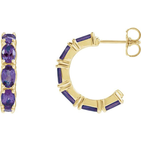 14k Yellow Gold Oval-cut Amethyst Open Hoop Earrings