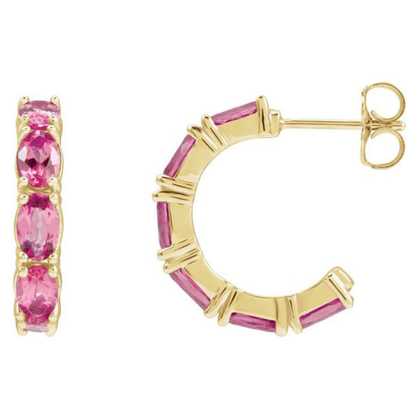 14k Yellow Gold Oval-cut Pink Tourmaline Open Hoop Earrings