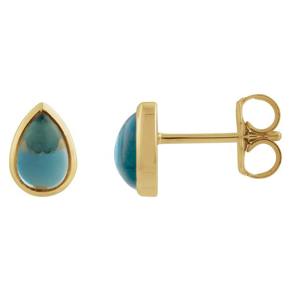 14k Yellow Gold Pear Cabochon London Blue Topaz Stud Earrings