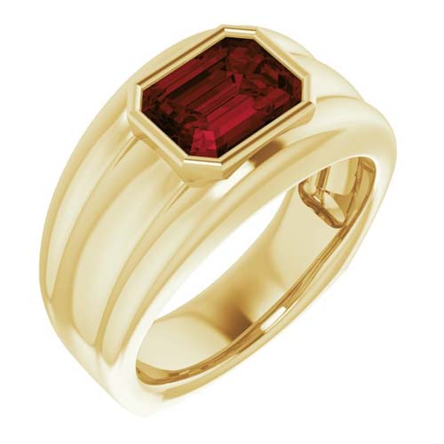 14k Yellow Gold Men's 3 ct Emerald-cut Garnet Bezel Set Ring