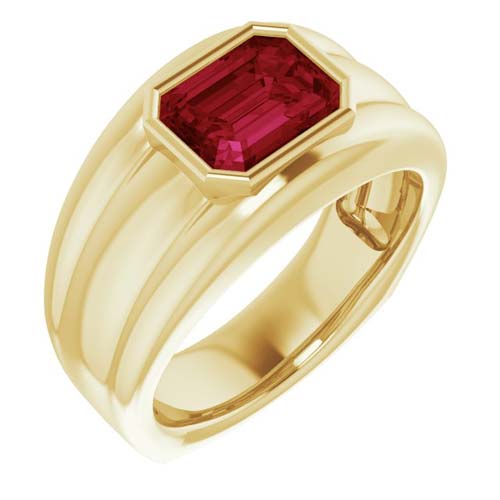 14k Yellow Gold Men's 3 ct Emerald-cut Lab Created Ruby Bezel Set Ring