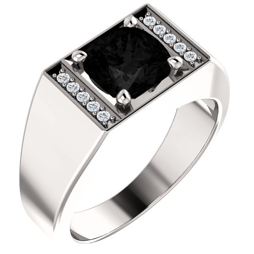 14kt White Gold Men's Cushion Onyx and Diamond Ring