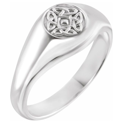 14k White Gold Men's Celtic Knot Signet Ring with Round Top