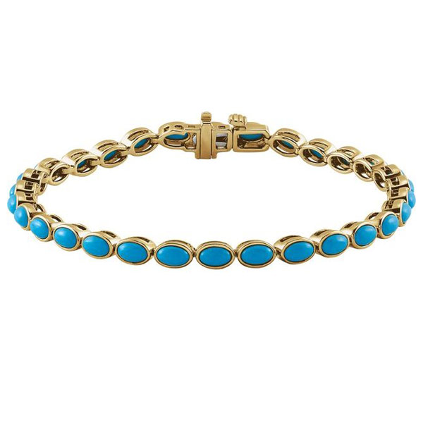 14k Yellow Gold Oval Cabochon Turquoise Line Bracelet 7in