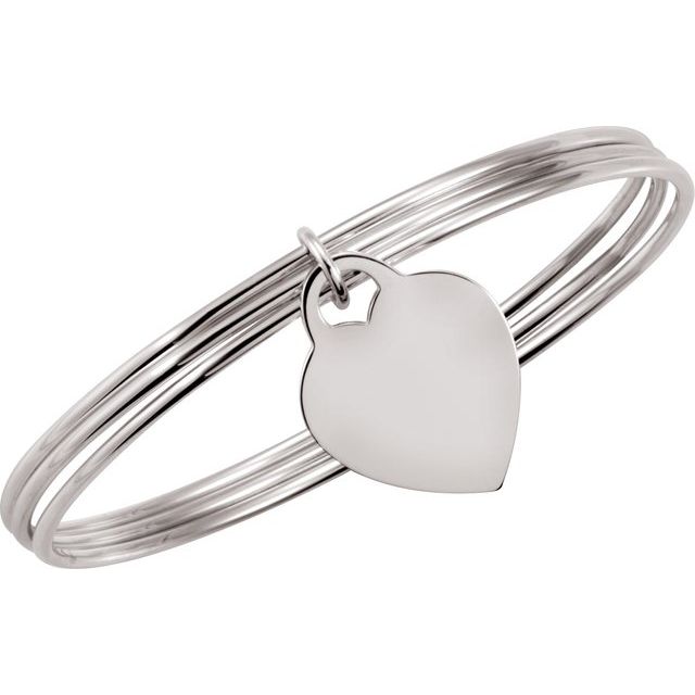 8in Sterling Silver Triple Bangle Bracelet with Heart Charm