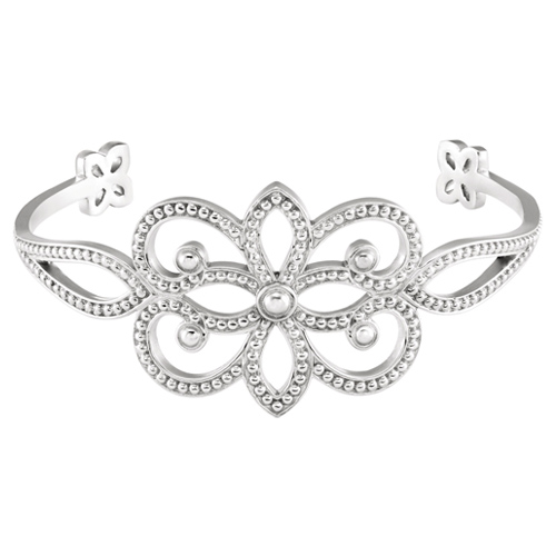 Sterling Silver Floral Cuff Bangle Bracelet with Bead Texture