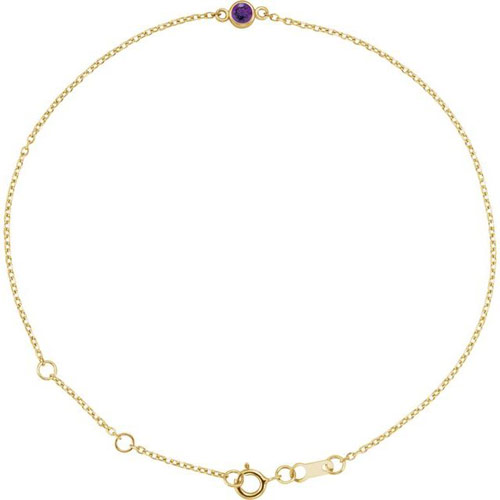 14k Yellow Gold 3mm Amethyst Bezel-Set Solitaire Adjustable Cable Link Bracelet