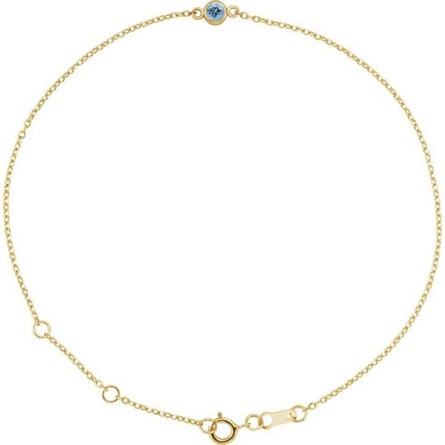 14k Yellow Gold 3mm Aquamarine Bezel-Set Solitaire Adjustable Cable Link Bracelet