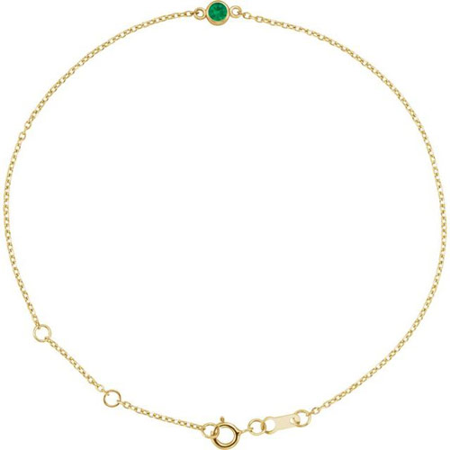14k Yellow Gold 3mm Emerald Bezel-Set Solitaire Adjustable Cable Link Bracelet