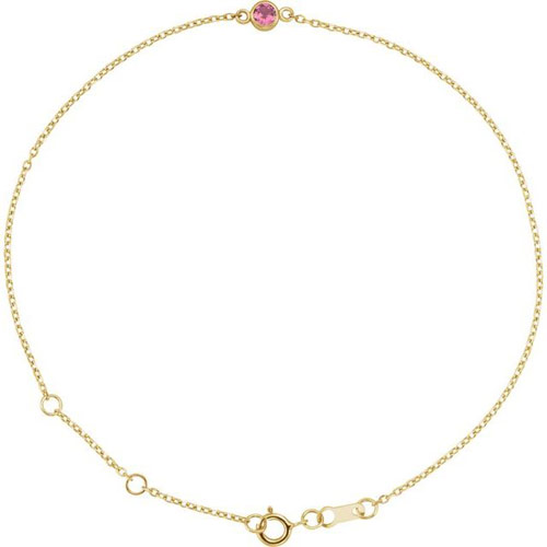 14k Yellow Gold 3mm Pink Tourmaline Bezel-Set Solitaire Adjustable Cable Link Bracelet