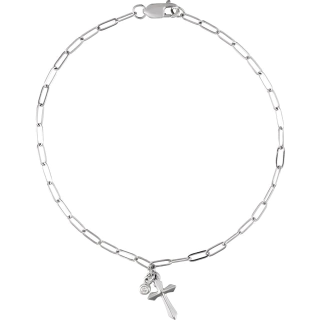 14k White Gold .03 ct tw Diamond Cross Charm Paper Clip Link Bracelet