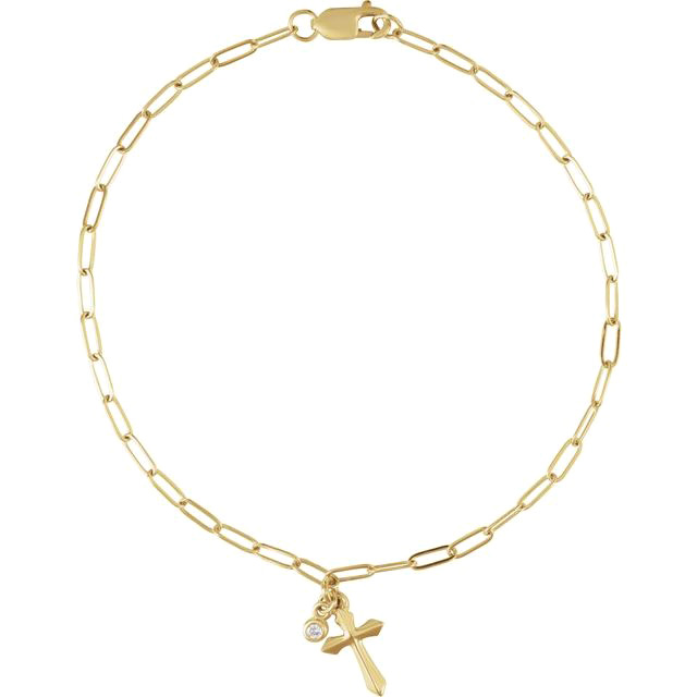14k Yellow Gold .03 ct tw Diamond Cross Charm Paper Clip Link Bracelet