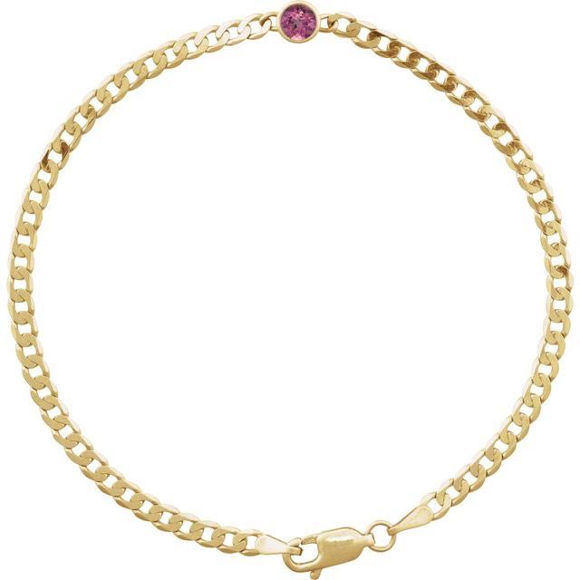14k Yellow Gold .25 ct Pink Tourmaline Curb Link Bracelet 7in