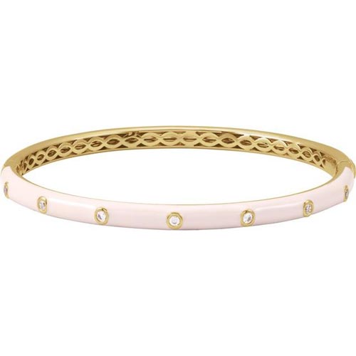 14k Yellow Gold 1/5 ct tw Diamond and Pink Enamel Bangle Bracelet 7in