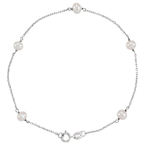 14k White Gold 4.2mm Freshwater Cultured Pearl Station Bracelet 7in