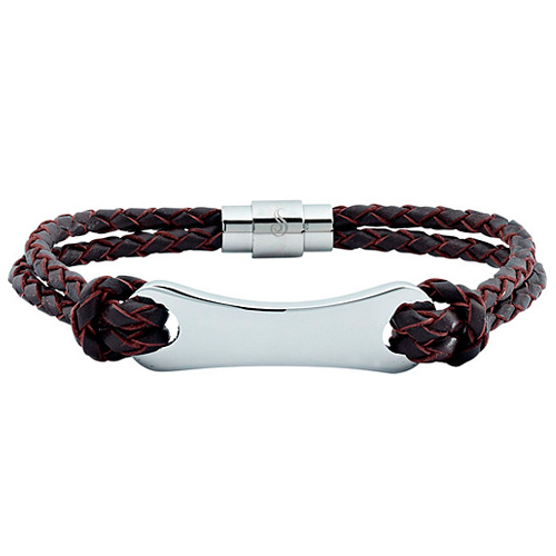 Dark Brown Leather Stainless Steel Pinched Plate Bracelet 8.5in