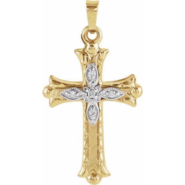 14kt Yellow Gold 1in Fancy Budded Hollow Cross with Diamond Accents