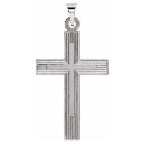 14k White Gold Latin Cross Pendant with Lines 1in