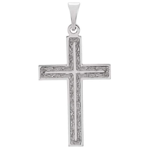 14k White Gold Cross Pendant with Intricate Design 22x14mm