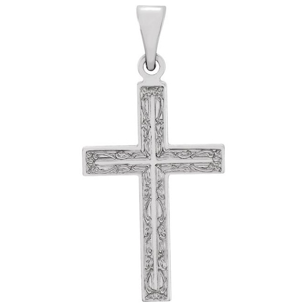 14k White Gold Cross Pendant with Intricate Design 18x12mm