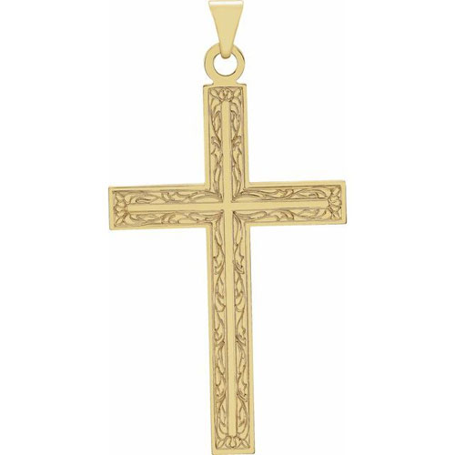 14k Yellow Gold Cross Pendant with Intricate Design 39x25mm