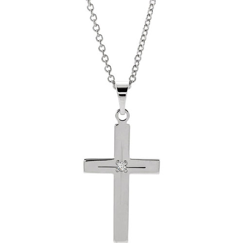 14k White Gold Small .01 ct Diamond Cross Pendant on 18in Chain
