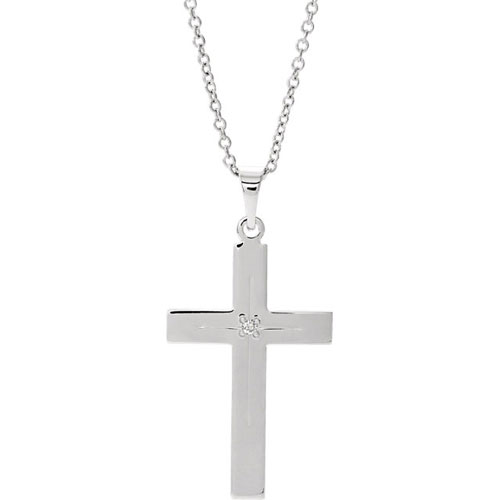 14k White Gold 7/8in .01 ct Diamond Cross Pendant on 18in Chain