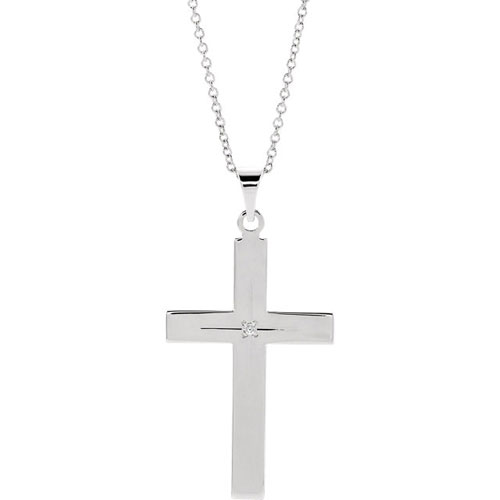 14k White Gold 1in .01 ct Diamond Cross Pendant on 18in Chain