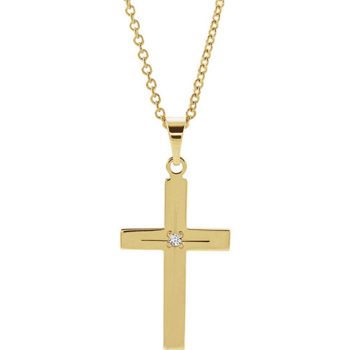 14k Yellow Gold Small .01 ct Diamond Cross Pendant on 18in Chain