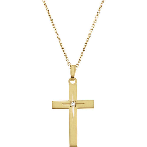 14k Yellow Gold 7/8in .01 ct Diamond Cross Pendant on 18in Chain
