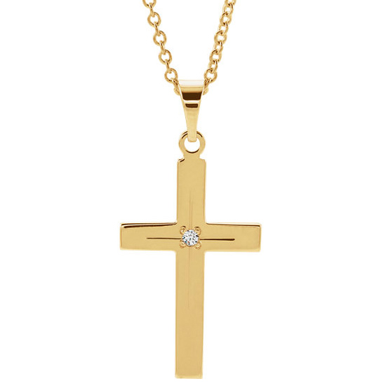 14k Yellow Gold 1in .01 ct Diamond Cross Pendant on 18in Chain