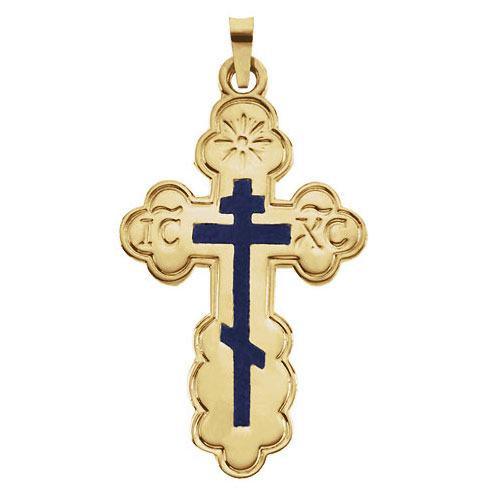 14kt Yellow Gold 1 1/4in Orthodox Cross with Blue Inlay