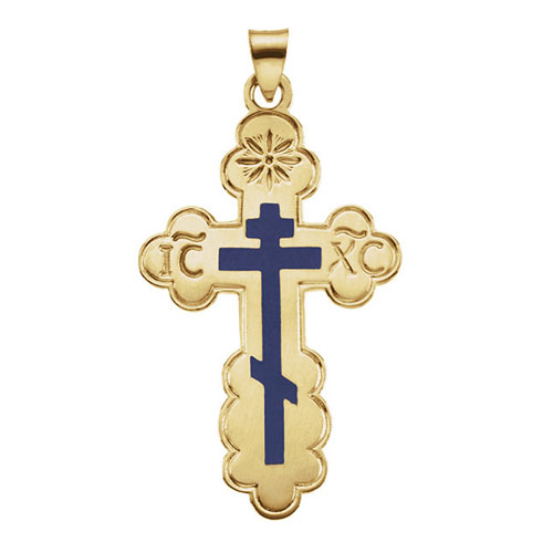 14kt Yellow Gold 1 1/2in Orthodox Cross with Blue Inlay