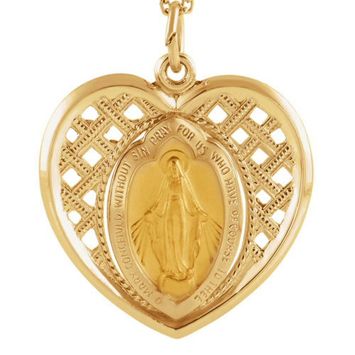 14K Yellow Gold 3/4in Heart Miraculous Medal