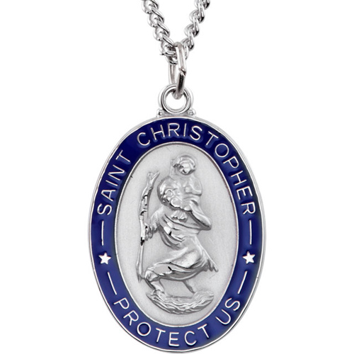  Sterling Silver Blue Oval St. Christopher Medal with 24in Chain