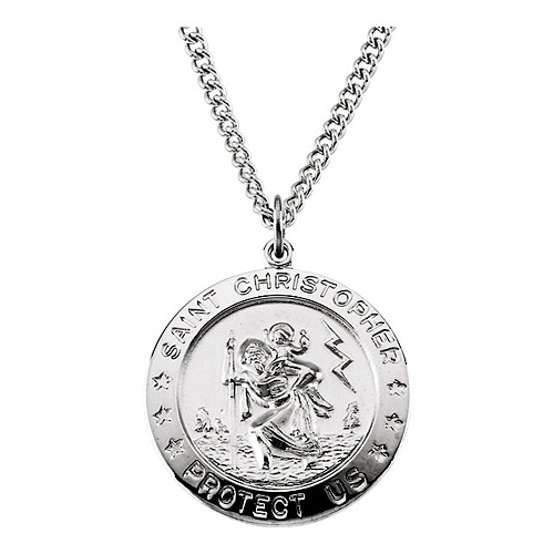 Sterling Silver 1in Polished Round St. Christopher Medal on 24in Chain