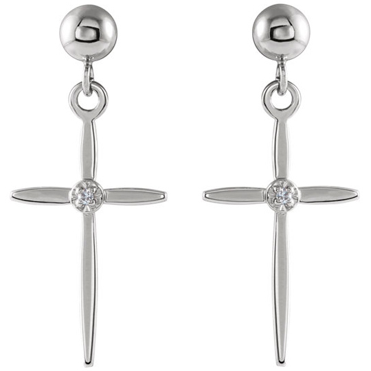 14kt White Gold Diamond Tapered Cross Dangle Earrings