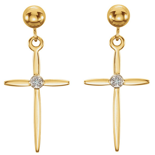 14kt Yellow Gold Diamond Tapered Cross Dangle Earrings