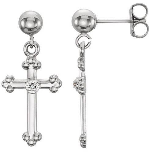 14kt White Gold .01 ct Diamond Cross Dangle Earrings