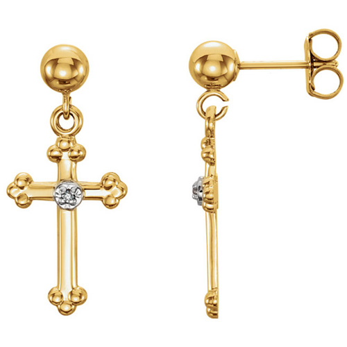 14kt Yellow Gold .01 ct Diamond Cross Dangle Earrings