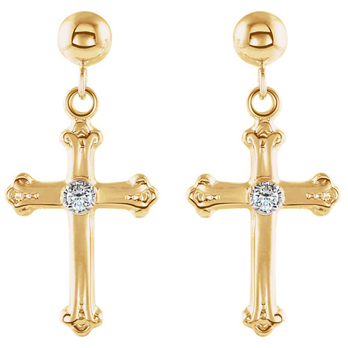 14kt Yellow Gold Diamond Budded Cross Dangle Earrings