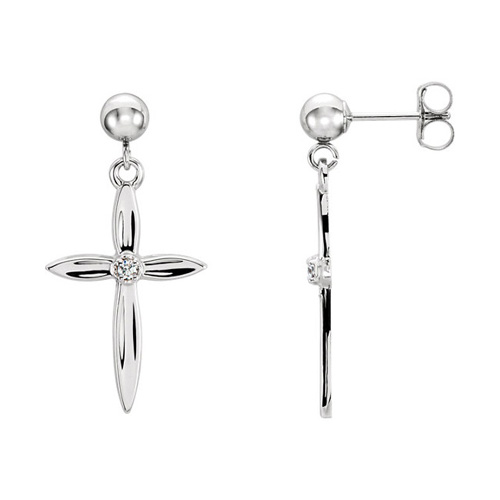 14kt White Gold .04 ct Diamond Cross Dangle Earrings