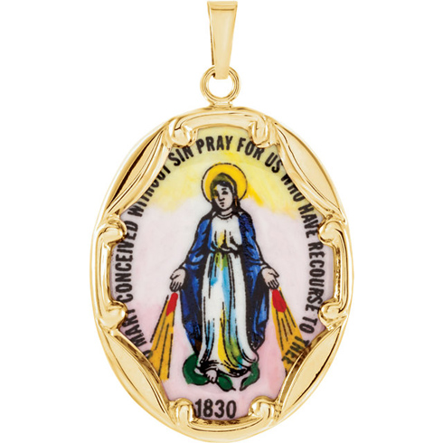 14kt Yellow Gold 25mm Porcelain Miraculous Medal
