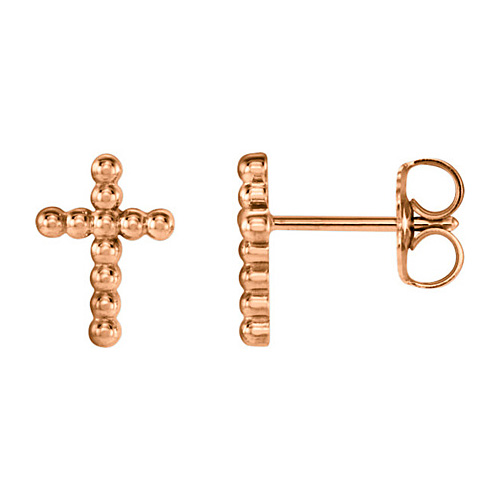 14kt Rose Gold 3/8in Beaded Cross Earrings