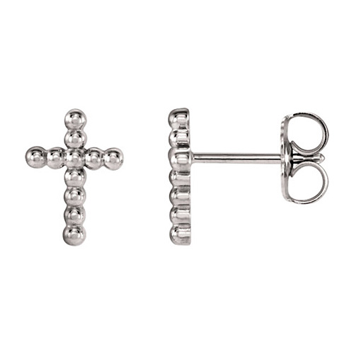 14kt White Gold 3/8in Beaded Cross Earrings