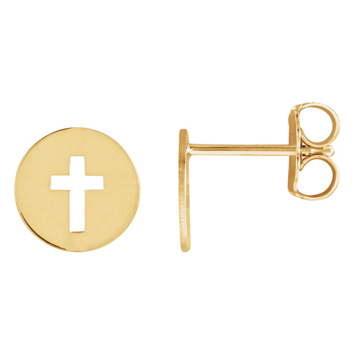 14k Yellow Gold Pierced Cross Disc Earrings